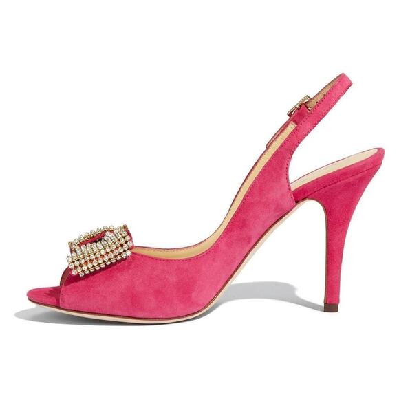 Kate Spade Crown Heels Fuchsia Suede w/ Crystal Bow Pink 8.5 B In Box/Bag $398 - Picture 7 of 12